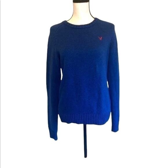 American Eagle Blue Crewneck Sweater With Brown Elbow Patches Womens Size Small - Picture 1 of 14